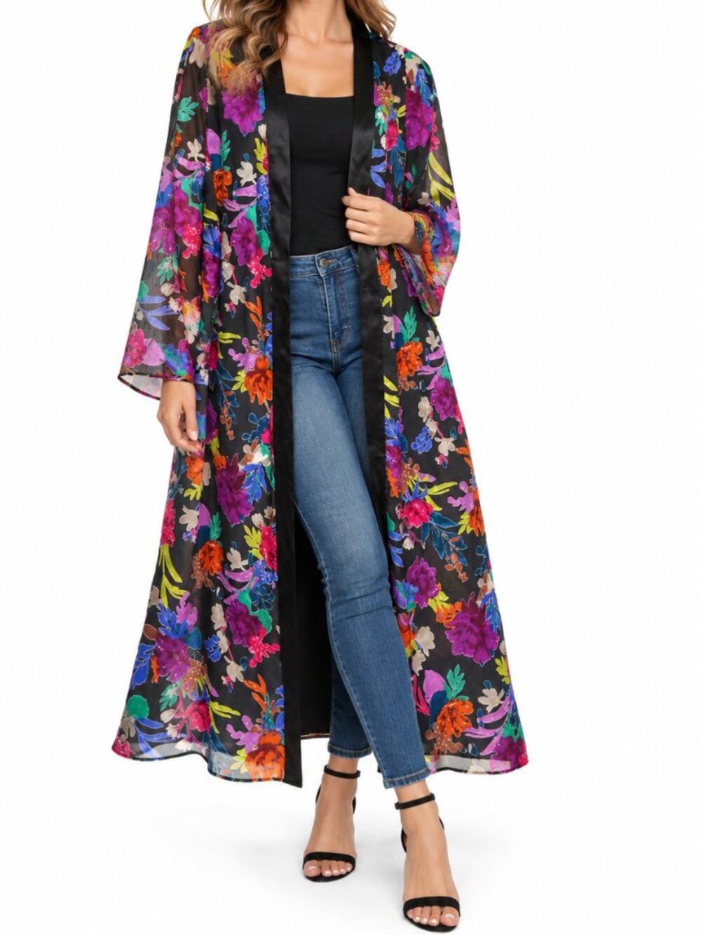 MONSOON Floral Duster Robe Cardigan Kimono Multi-Color Sz 16 Sheer Sleeve Boho